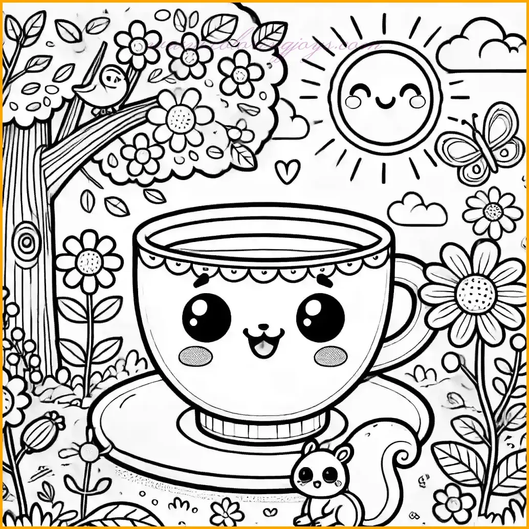 This delightful coloring page features a cheerful cup with a happy face resting on a saucer, surrounded by a vibrant garden scene. The setting includes detailed flowers, a tree, and a playful squirrel nearby, adding charm to the design. A bright sun shines in the background, accompanied by fluffy clouds and a butterfly flying above. With bold outlines and large spaces, this illustration is perfect for children to color. Use greens for the garden, warm tones for the squirrel, and colorful shades for the cup and butterfly to bring this lively scene to life!