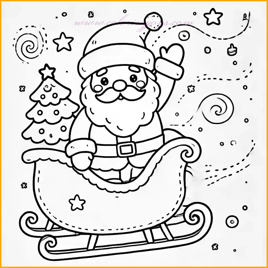 This delightful coloring page showcases Santa Claus sitting happily in a sleigh, waving with a joyful smile. A small Christmas tree accompanies him in the sleigh, adding a festive touch. The background includes a simple night sky with stars and decorative swirls, all outlined with thin, crisp lines for easy coloring. Use red and white for Santa's outfit, green for the tree, and yellow or silver for the stars. Let children explore their creativity to bring this cheerful holiday scene to life!