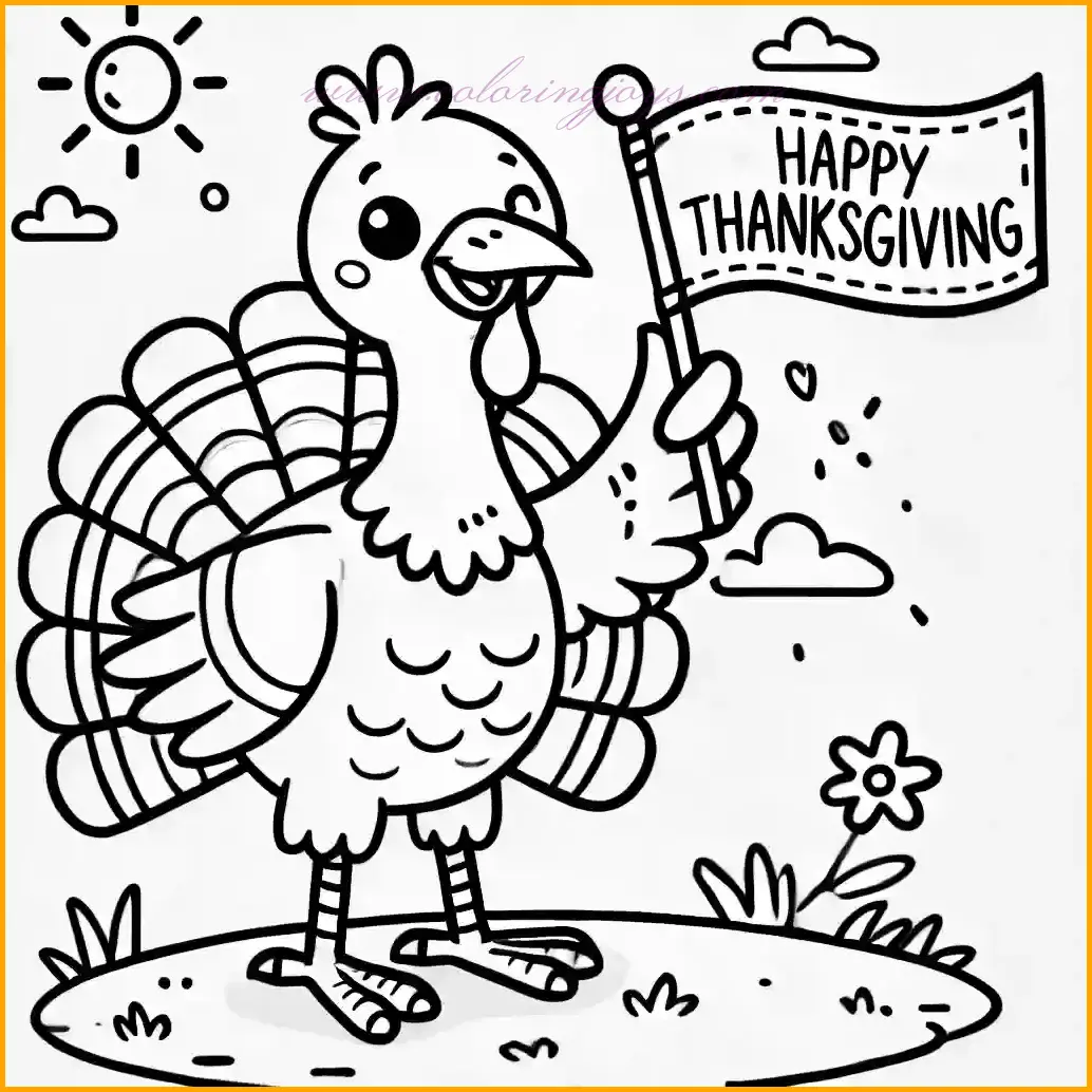 This festive turkey coloring page features a cheerful turkey proudly holding a banner that reads "Happy Thanksgiving." The turkey's feathers are spread wide in a fan shape, showcasing a beautiful pattern ready to be colored. It stands on a small patch of grass, while a few clouds and a bright sun decorate the minimal background. The simple yet bold outlines make it ideal for young artists to fill with vibrant colors, creating a joyful and engaging activity to celebrate the Thanksgiving season.