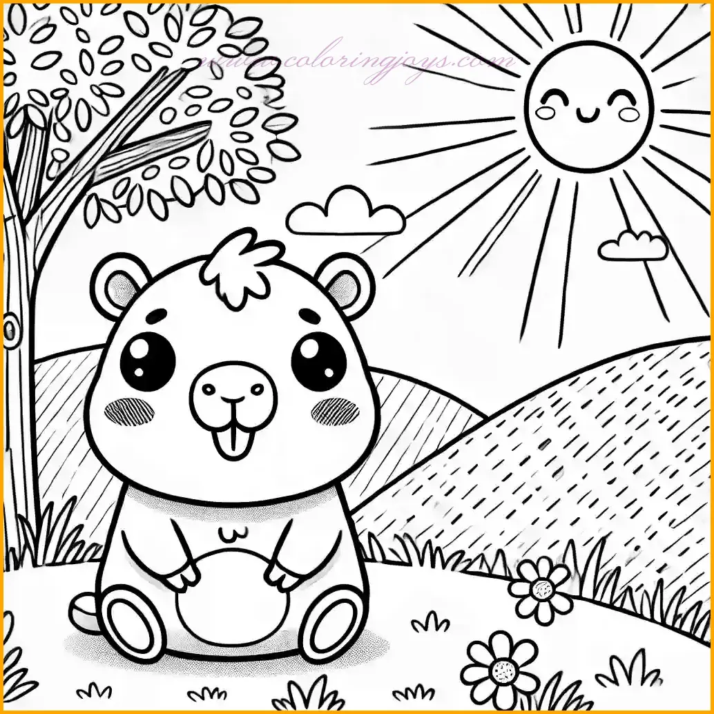 This adorable coloring page features a chibi-style capybara with an oversized head and tiny body, sitting contentedly under a cartoonish tree. The grassy hill is dotted with simple flowers, and the bright sun with radiant rays adds to the cheerful atmosphere. The bold outlines and large open spaces make it easy and fun for kids to color. Use soft browns for the capybara, green for the grass and tree, and vibrant yellows for the sun to complete this serene and playful scene!