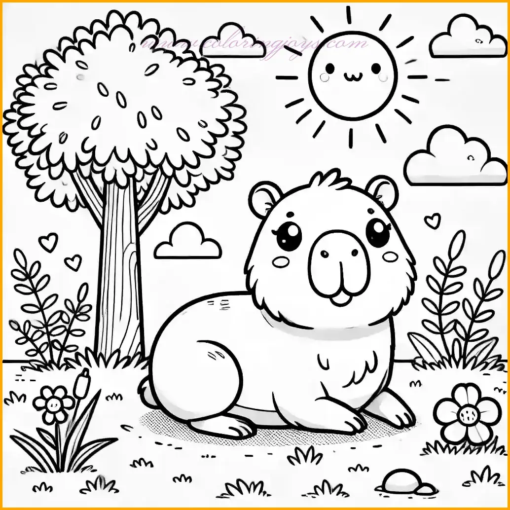 This charming coloring page features a chibi-style capybara peacefully resting in a meadow under a cartoonish tree. The capybara’s oversized head and tiny body, along with its tranquil smile, make it irresistibly cute. The background includes grassy patches, a few simple flowers, a bright sun, and fluffy clouds in the sky. The bold outlines and spacious areas ensure an easy and fun coloring experience for kids. Use soft browns for the capybara, green for the grass and tree, and vibrant shades for the flowers and sky to bring this serene scene to life!