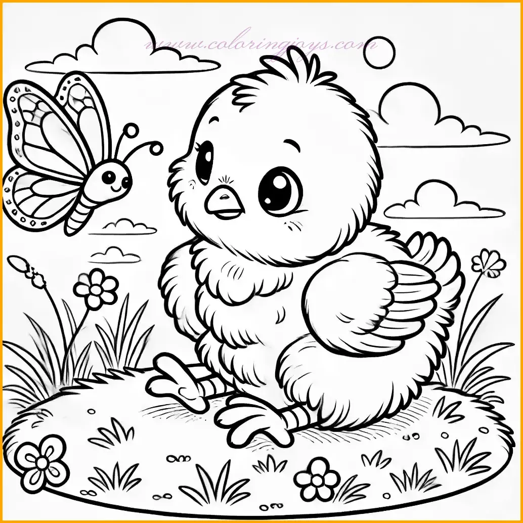 This chick coloring pages - illustration features a small, fluffy baby chick sitting naturally on a grassy patch. The chick tilts its head curiously as it watches a butterfly fluttering nearby. The background is simple, with tufts of grass, a few small flowers, and a clear blue sky, creating a peaceful outdoor setting. Children can color the chick in shades of yellow and orange, use green for the grass, blue for the sky, and add vibrant colors to the butterfly and flowers. These chick coloring pages - are designed with bold outlines and large spaces, making them ideal for kids to enjoy while expressing their creativity.