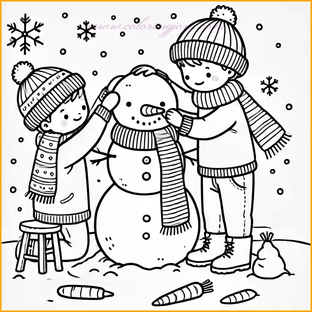 This charming illustration is perfect for coloring pages to print for Christmas. It depicts two children joyfully building a snowman. One child is wrapping a scarf around the snowman’s neck, while the other carefully adds a carrot nose. The scene is surrounded by a snowy ground and a few falling snowflakes. The simple outlines and large open spaces make it easy for young artists to fill the picture with vibrant colors, bringing the festive moment to life in their own creative way.