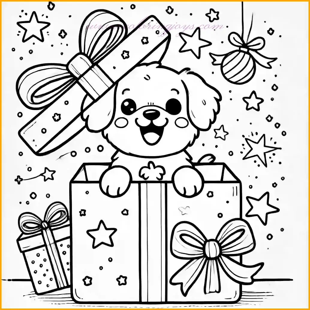This festive Christmas coloring page features an adorable dog joyfully peeking out of a Christmas gift box adorned with a bow. The background is decorated with simple stars and snowflakes, adding to the holiday spirit. Designed with bold outlines and large open spaces, this page is perfect for children to color. Add vibrant reds and greens to the gift box and bow, while letting the stars and snowflakes sparkle with your favorite colors. Bring the dog's cheerful personality to life with your creative touch!