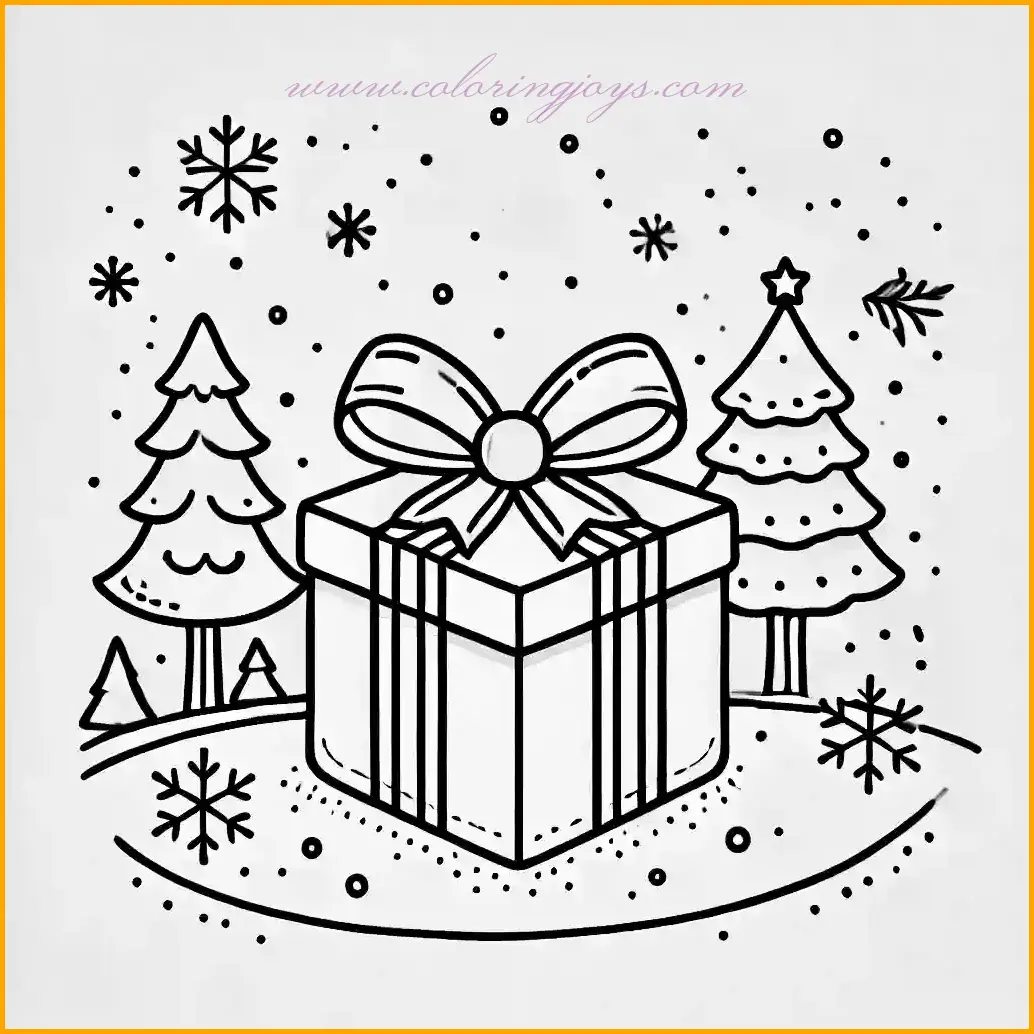 This Christmas gift coloring page features a large wrapped gift box with a bow, sitting on a snowy ground. In the background, simple pine trees and falling snowflakes create a festive winter setting. The bold, clear outlines make it easy for children to color, with large spaces for bright and cheerful holiday shades. Kids can enjoy decorating the gift and adding vibrant colors to the trees and snowflakes, creating a delightful and fun holiday activity.