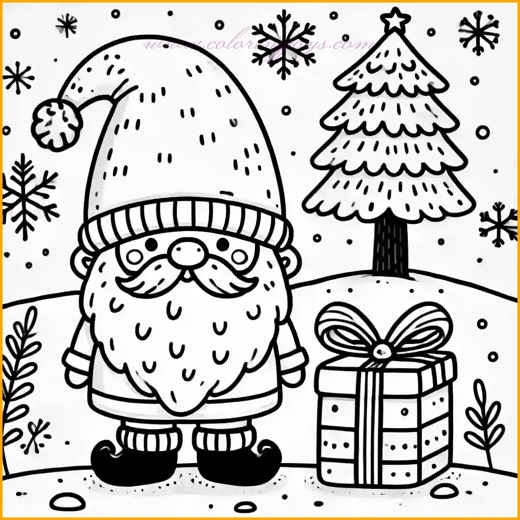 This charming coloring page depicts a festive Christmas gnome with a fluffy beard and a tall plain hat, standing beside a small gift box on snowy ground. A simple pine tree and gently falling snowflakes in the background complete the cozy winter scene. With bold, thick outlines and open spaces, this design is perfect for young children, offering an easy and enjoyable coloring activity with a delightful holiday theme.