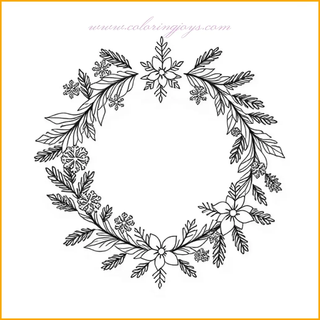 This Christmas wreath is a beautiful winter wonderland adorned with delicate snowflakes. The wreath can be colored in deep greens or frosty blues to evoke the chilly season. Each snowflake offers intricate patterns that can be shaded in light blue, silver, or white. Add sparkle to the snowflakes using metallic pens or glitter for a frosty effect. Consider a soft gradient background transitioning from blue to white to mimic a snowy atmosphere.