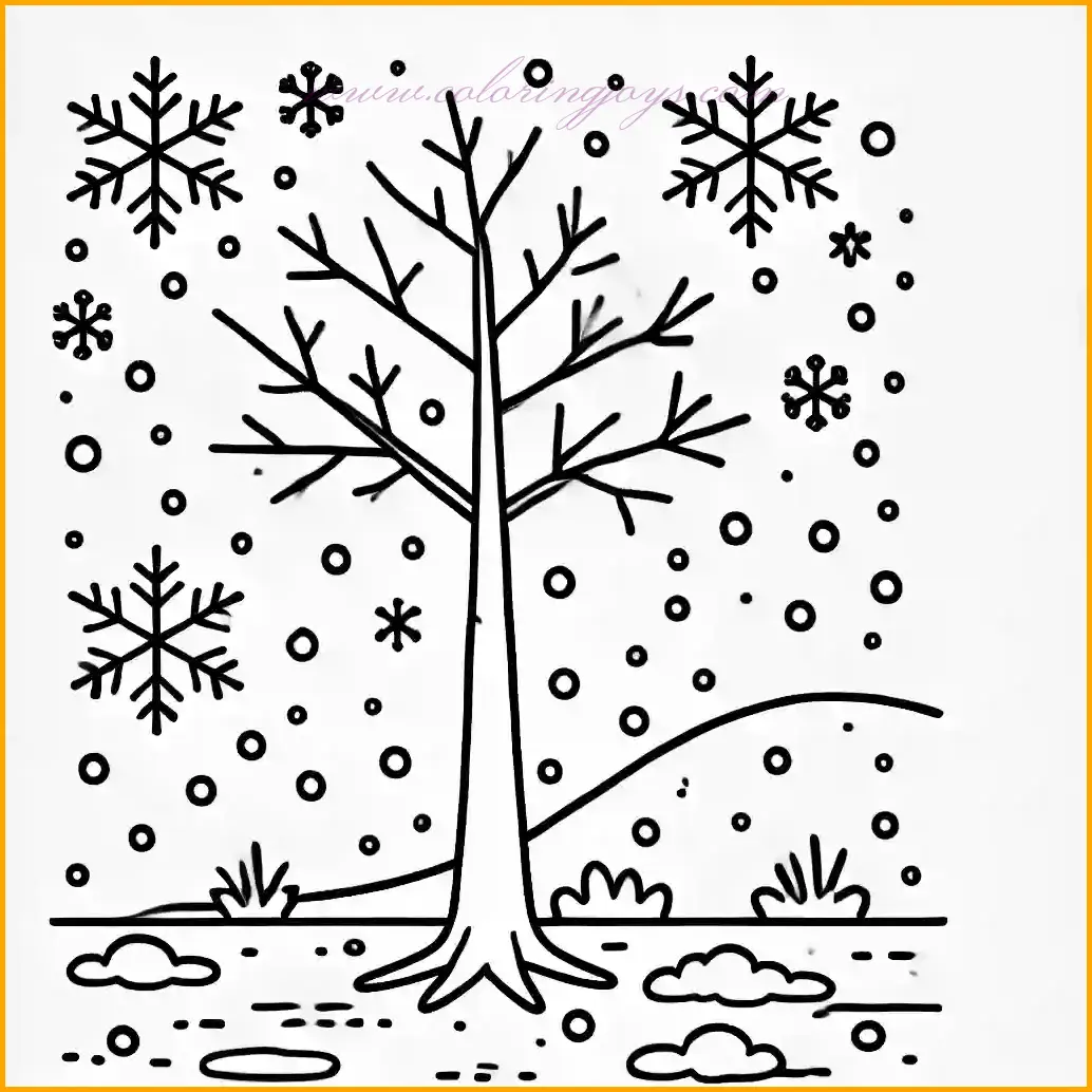 This coloring page winter scene features a solitary bare tree standing on a snowy ground, with a few snowflakes gently falling around. The design is simple and uncluttered, making it easy and fun for children to color. Use earthy browns or grays for the tree and light blues and whites for the snow and sky to bring this peaceful winter illustration to life. This minimal yet vibrant design is perfect for kids to explore their creativity while enjoying the calm beauty of a winter landscape!