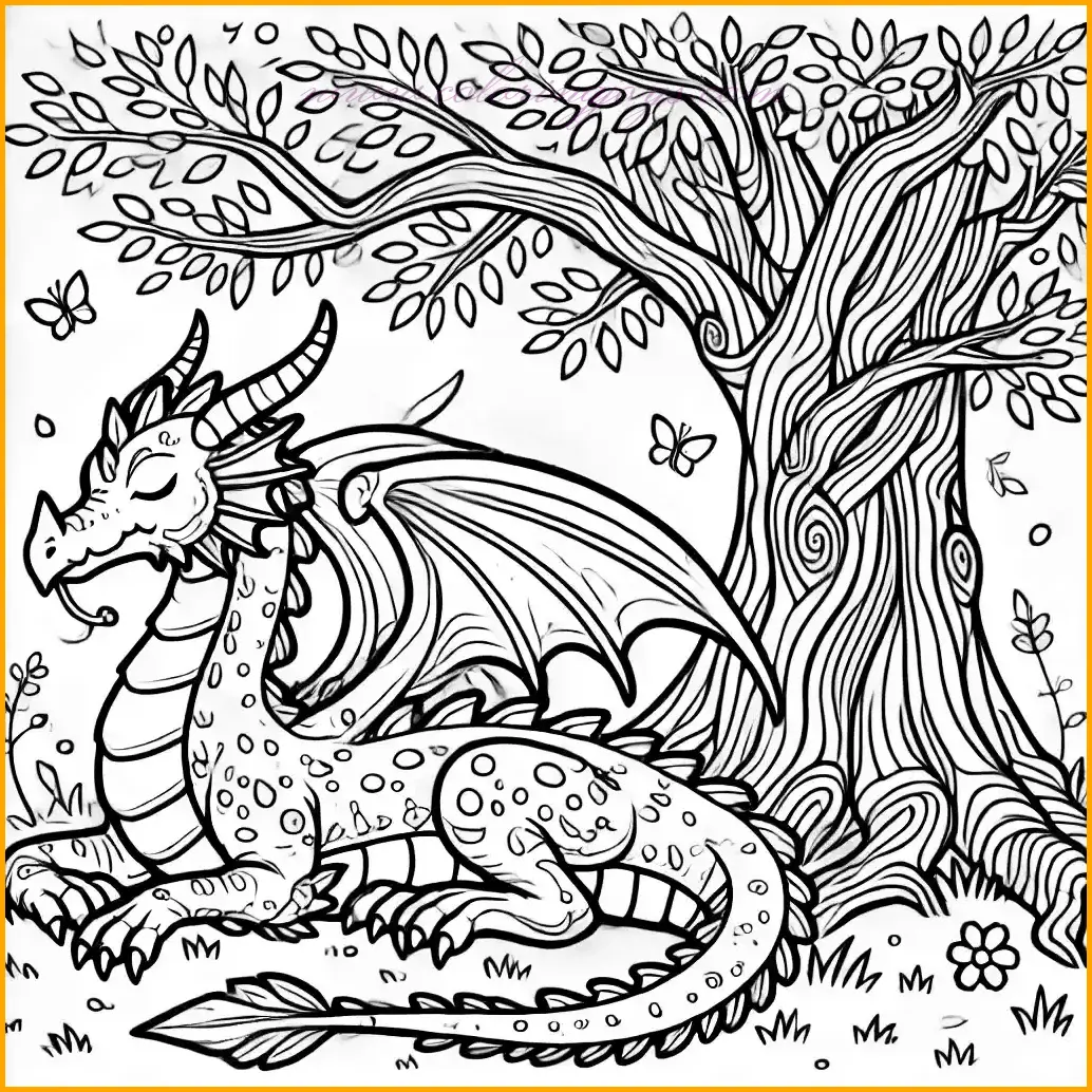 This coloring page of a dragon shows the creature resting peacefully under a large tree. The dragon’s wings are folded, and its tail is curled around its body, creating a calm and serene pose. The tree features simple outlines of its trunk, branches, and a few scattered leaves, leaving ample space for easy and creative coloring. Children can use green for the leaves, brown for the tree, and any bright or imaginative colors for the dragon to make the scene come to life.