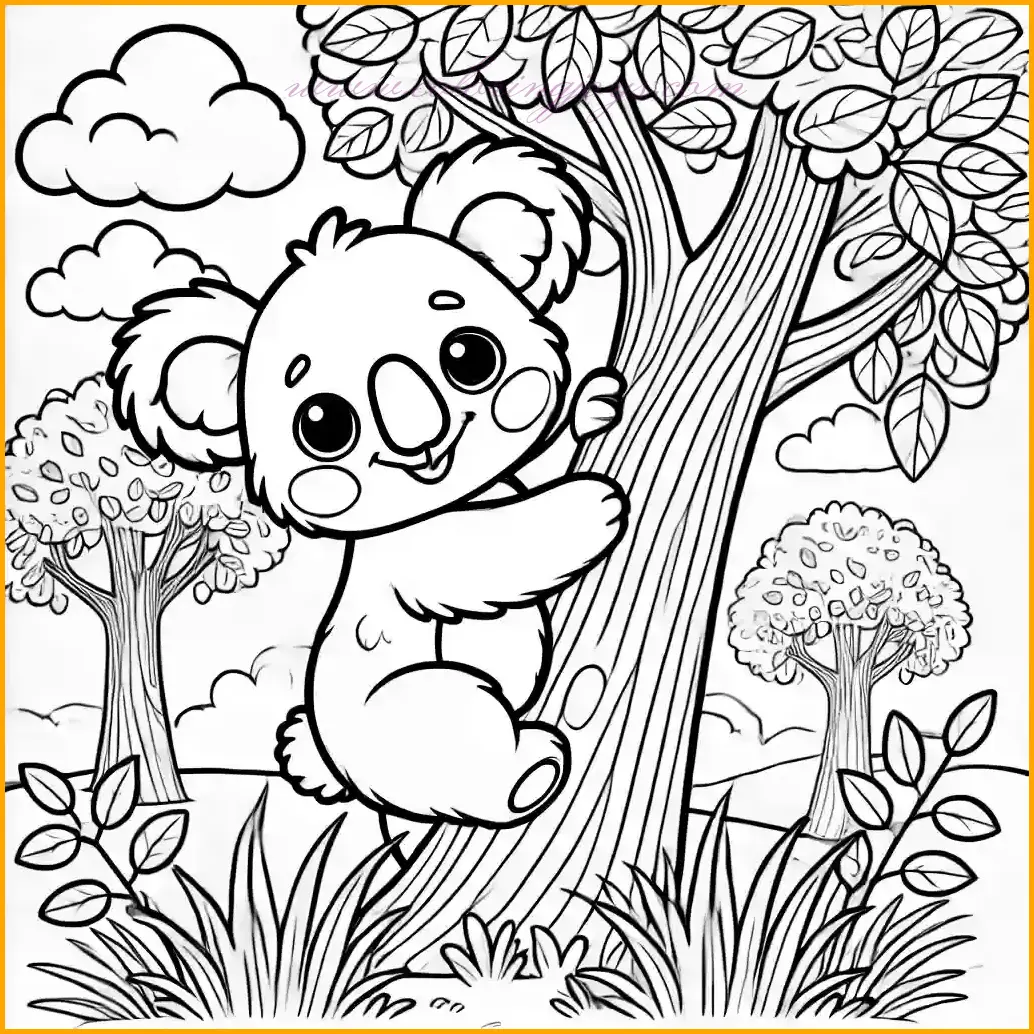 This playful coloring page features a koala bear peeking out from behind a tree trunk with a curious expression. The background includes simple patches of grass, a few leaves on the tree, and a single fluffy cloud in the sky. The smooth and clear outlines make it easy for kids to color, with large open spaces that encourage creativity. This fun and engaging scene is perfect for young artists to bring to life with vibrant colors.