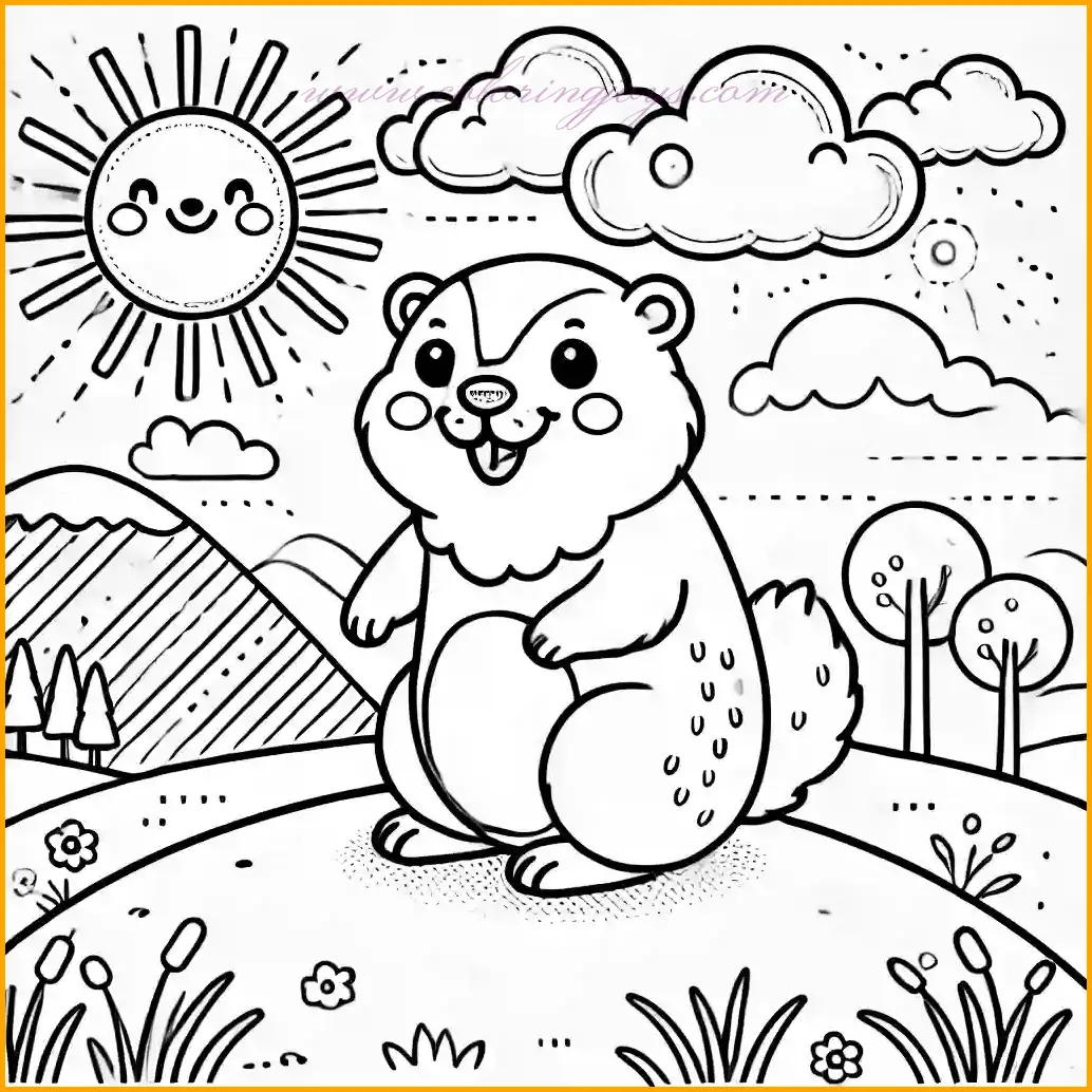 This coloring picture of a groundhog shows the cheerful animal standing on a small hill in a sunny meadow. The background features a bright sun, fluffy clouds, rolling hills, and a few tufts of grass, creating a simple and inviting scene. The bold and smooth outlines leave large open spaces, making it perfect for young children to color. Kids can use brown for the groundhog, green for the grass and hills, and bright yellows and blues for the sun and sky to complete this delightful coloring picture of a groundhog.