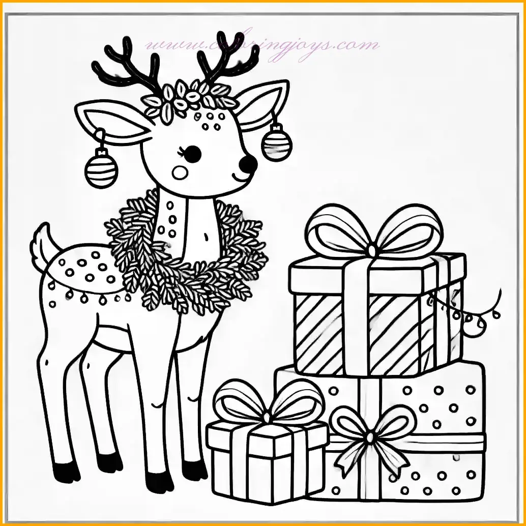 A festive coloring sheet featuring a cheerful deer wearing a Christmas wreath adorned with small baubles and bows around its neck. The deer is standing next to a stack of neatly wrapped gift boxes tied with ribbons. The bold and clear outlines make it perfect for children under 10 to color. Kids can use brown for the deer, green and red for the wreath, and various bright colors for the gift boxes to create a joyful Christmas scene. The plain white background emphasizes the holiday spirit in the illustration.