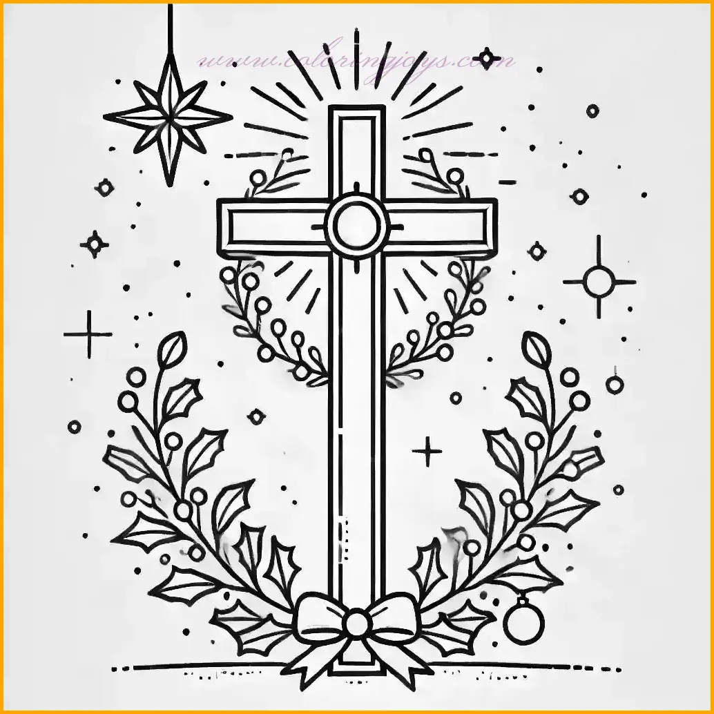 This meaningful illustration is part of the Christian Christmas colouring pages collection, showcasing a cross adorned with a festive Christmas wreath and holly. Above the cross shines the Star of Bethlehem, with a few scattered stars in the background to highlight the Christian Christmas theme. Children can color the cross in brown, the wreath in green, and the holly berries in red. The Star of Bethlehem can be bright yellow or gold, with the background stars in complementary colors. The bold outlines and large spaces make it easy and engaging for kids to color, helping them reflect on the true meaning of Christmas.