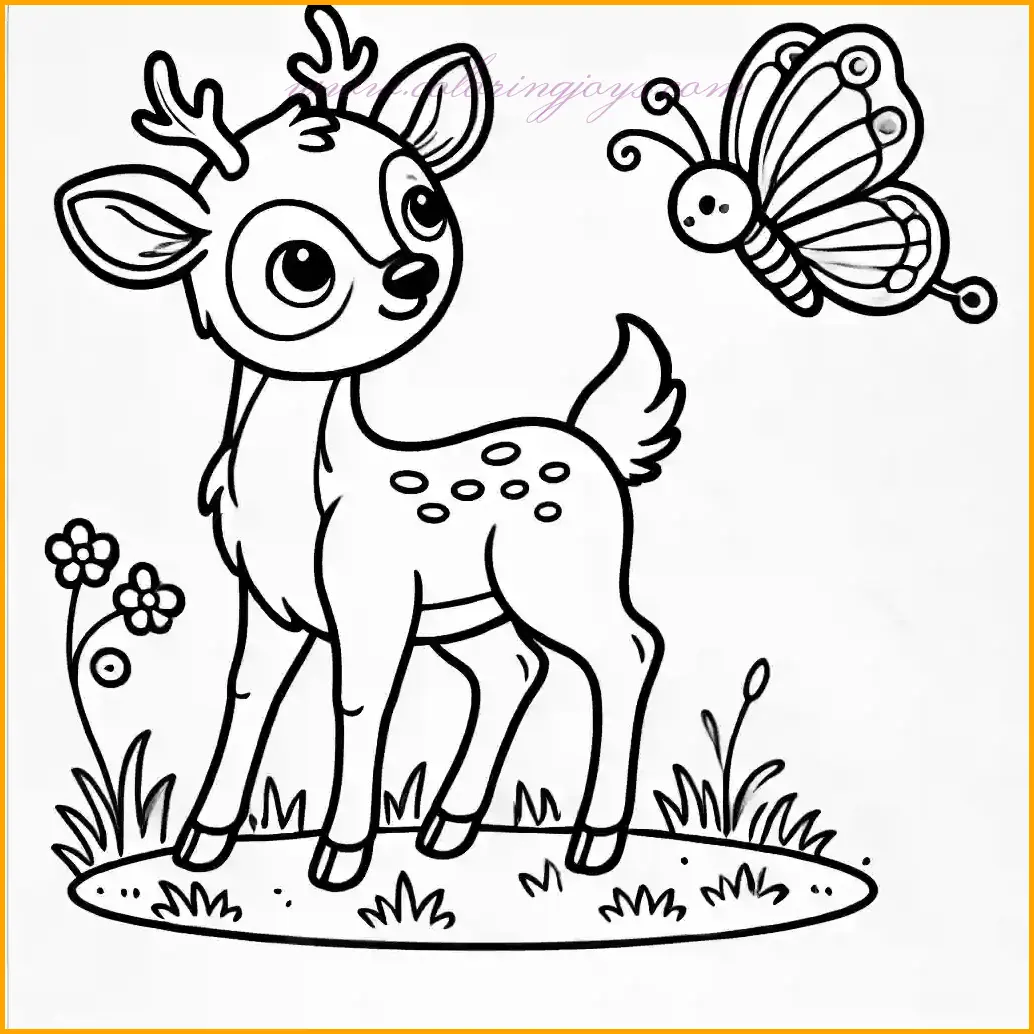 This updated coloring page showcases a curious deer gazing at a butterfly in a playful and engaging scene. The deer, with its simple antlers and cheerful expression, stands gracefully on a grassy patch. A small, stylized butterfly hovers nearby, adding a whimsical touch. With its bold outlines and minimalist design, this page is ideal for children to color, offering plenty of space for creative use of bright and cheerful colors.