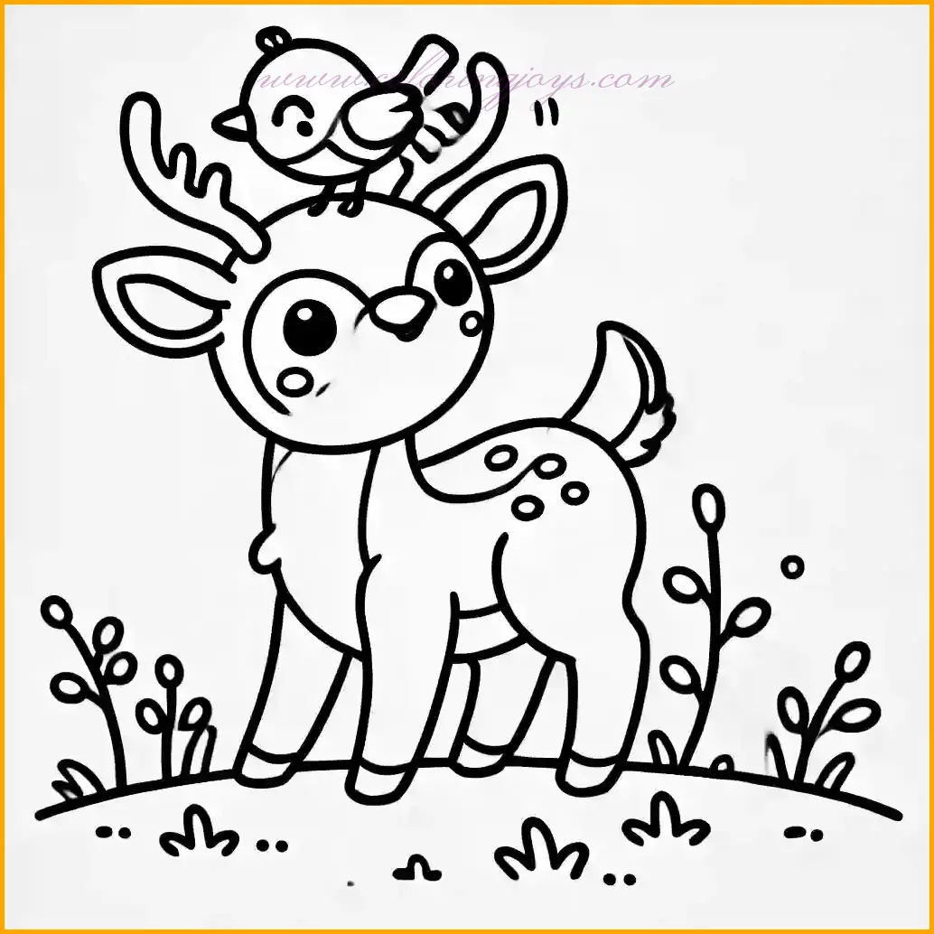 This delightful scene from the deer coloring pages collection features a curious deer interacting with a small bird perched on its antlers. The deer, with its playful expression and simple antlers, radiates charm and whimsy. Stylized grass patches add a natural touch while maintaining a minimalistic design. The bold outlines and open spaces make this image easy and fun for children to color, sparking their creativity with an endearing woodland interaction.