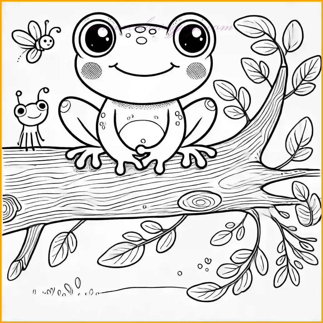This charming coloring page features a curious frog sitting calmly on a tree branch. The frog has big, inquisitive eyes and a relaxed pose, with its legs dangling over the edge. The branch is adorned with a few simple leaves, and a small insect nearby adds an extra element of fun. Kids can color the frog green, the branch brown, and use various shades for the leaves and insect. The large open spaces and minimal details make it a perfect activity for young artists to enjoy while fostering their creativity.