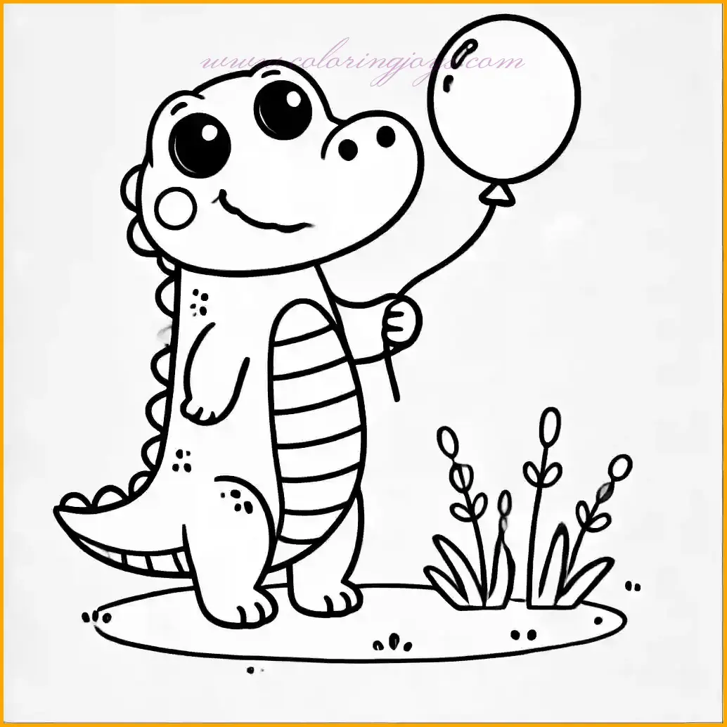 This adorable outline shows a cheerful alligator standing upright and holding a round balloon. The balloon floats above, adding a playful touch to the scene. The design is minimalistic, featuring a simple patch of grass below and leaving the focus on the alligator and its balloon. The large, open spaces make it easy for children to color. Use green for the alligator, bright colors for the balloon, and light shades for the grass to bring this delightful image to life.