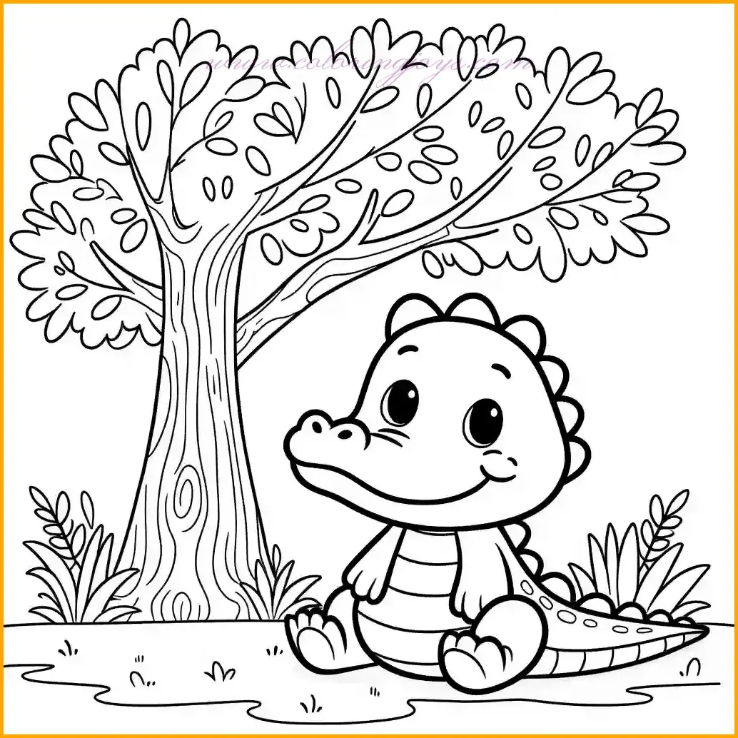 This delightful outline features a cute alligator sitting under a tree, leaning comfortably against the trunk with a cheerful smile. The minimalistic design includes a tree with a few large leaves and a patch of grass, providing just enough detail to enhance the scene. The simple lines and large open spaces make it ideal for coloring. Use green for the alligator, brown for the tree trunk, and add vibrant colors for the leaves and grass to complete this relaxing outdoor scene.