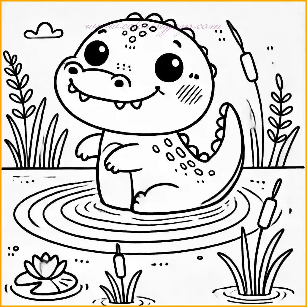 This charming outline showcases a happy alligator swimming peacefully in a calm pond, surrounded by simple water ripples. The design includes minimalistic elements such as a lily pad and a few reeds to enhance the scene without overwhelming it. The alligator’s body and surrounding features have large spaces, making them easy to color. Use green tones for the alligator, blue for the water, and add hints of pink or yellow for the lily pad to create a vibrant, fun masterpiece.