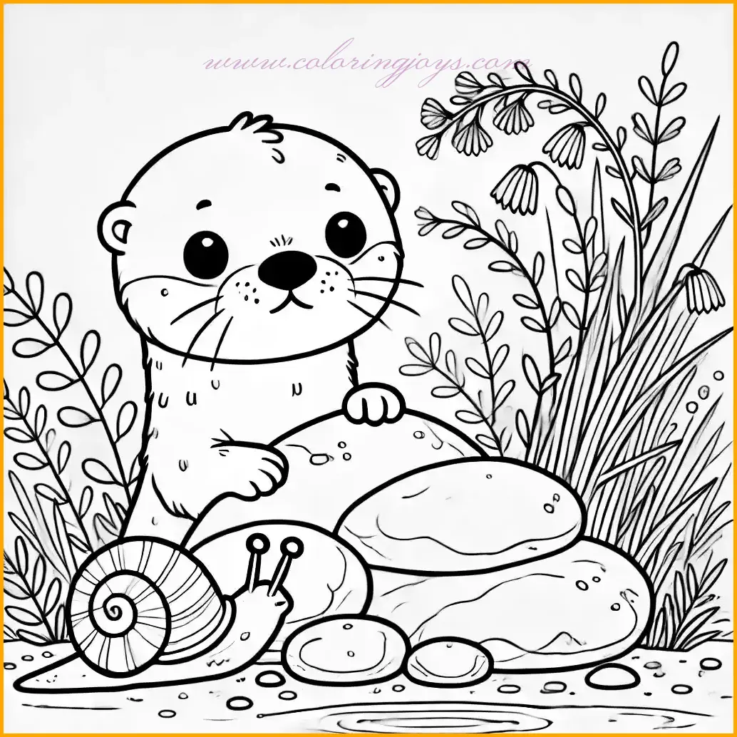 This charming entry in the cute otter coloring pages collection features an adorable otter peeking out from behind a cluster of rocks on a riverbank. A small snail sits on one of the rocks, adding a delightful detail to the scene. Surrounding the otter are tall grass and gentle ripples in the nearby water. The otter’s rounded face and minimal design are perfect for kids to color. The plain white background keeps the focus on the otter and its surroundings. Use earthy tones for the otter and rocks, green for the grass, and subtle blues for the water ripples to complete this lovely illustration!