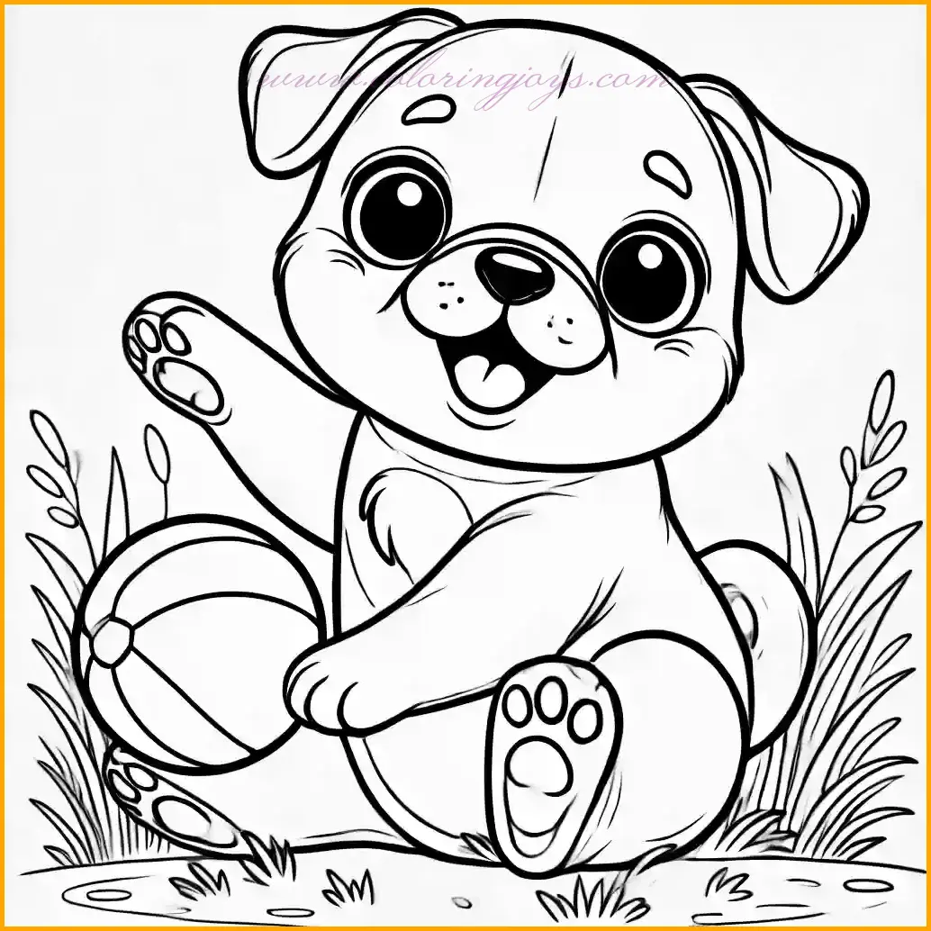 This delightful outline illustration shows a cute pug dog playing joyfully with a ball. The pug has one paw resting on the ball and a playful expression, ready for fun. The background features a few scattered blades of grass, keeping the design simple and focused on the pug. The bold outlines and spacious areas are perfect for young children to color. Use soft beige or light brown for the pug, bright red or blue for the ball, and green for the grass to bring this cheerful scene to life.
