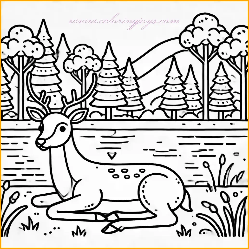 This serene illustration from the deer coloring pages collection depicts a relaxed deer resting by a calm lake, surrounded by stylized trees. The deer, with its simple antlers and peaceful expression, creates a soothing scene in a natural setting. The bold outlines and minimalistic design make it easy for children to color and personalize, providing ample open space for creative expression and enjoyment.