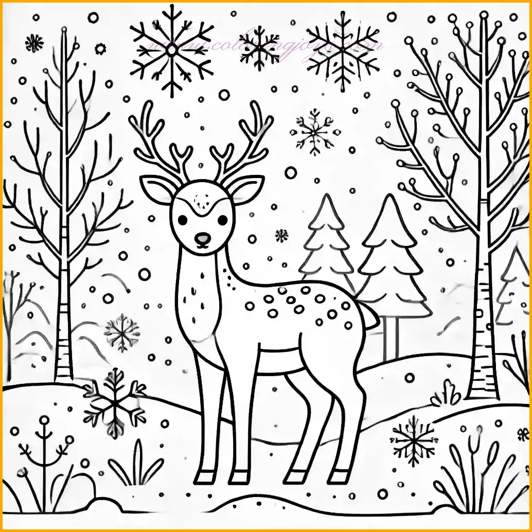 This peaceful coloring page shows a deer standing calmly in a snowy forest. The deer is drawn with simple antlers and a serene expression, surrounded by a few bare trees and softly falling snowflakes. The design features clean, bold outlines and a minimal background, making it perfect for kids to color with plenty of open space for creativity. Add shades of white, blue, or even vibrant colors to bring the winter scene to life.