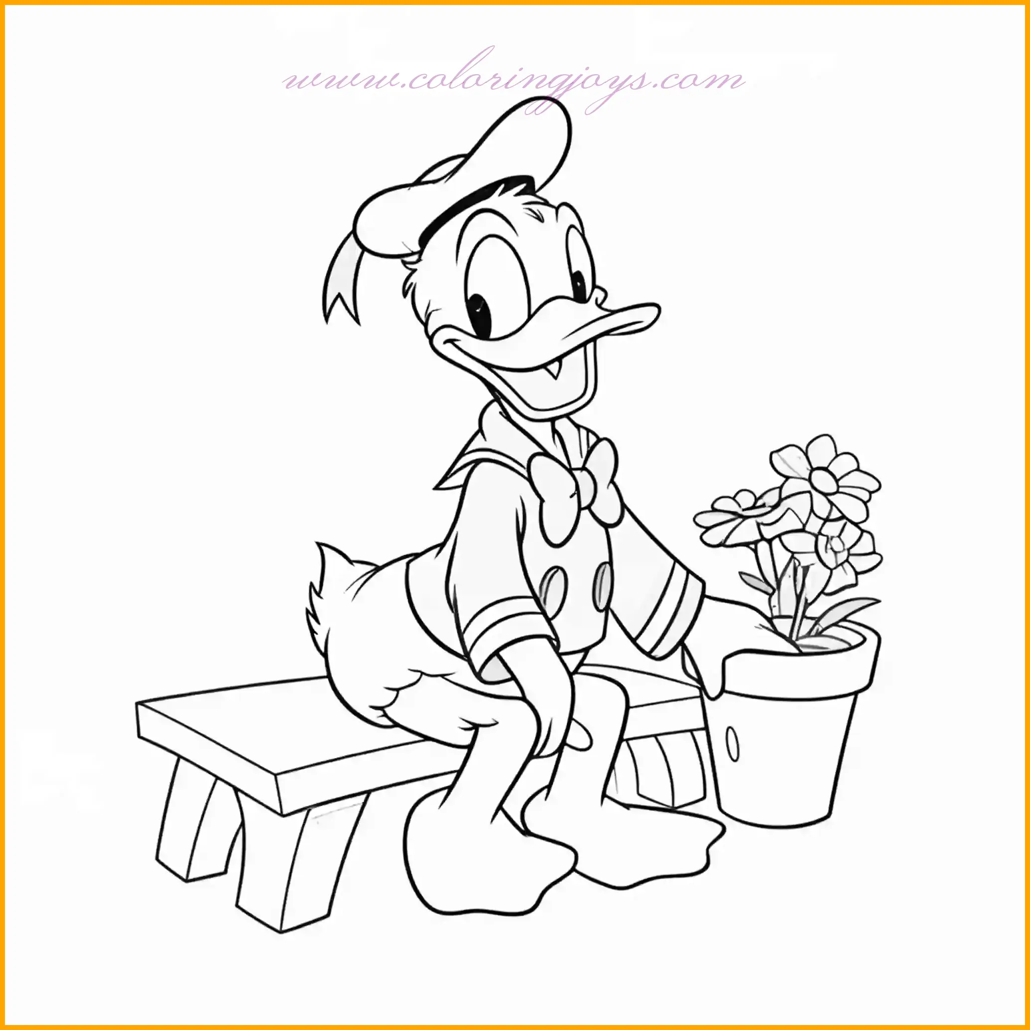 This charming Donald Duck coloring page captures a quiet moment as Donald sits on a bench holding a small flower pot. Use warm browns for the bench and lush greens and vibrant colors for the flowers to bring the pot to life. Donald’s classic sailor outfit in blue and white offers a delightful contrast to the natural tones. Children can imagine and add their own garden setting with blooming flowers, butterflies, or a sunny sky in the background. This page provides a relaxing and creative coloring experience while celebrating Donald’s love for simple joys.