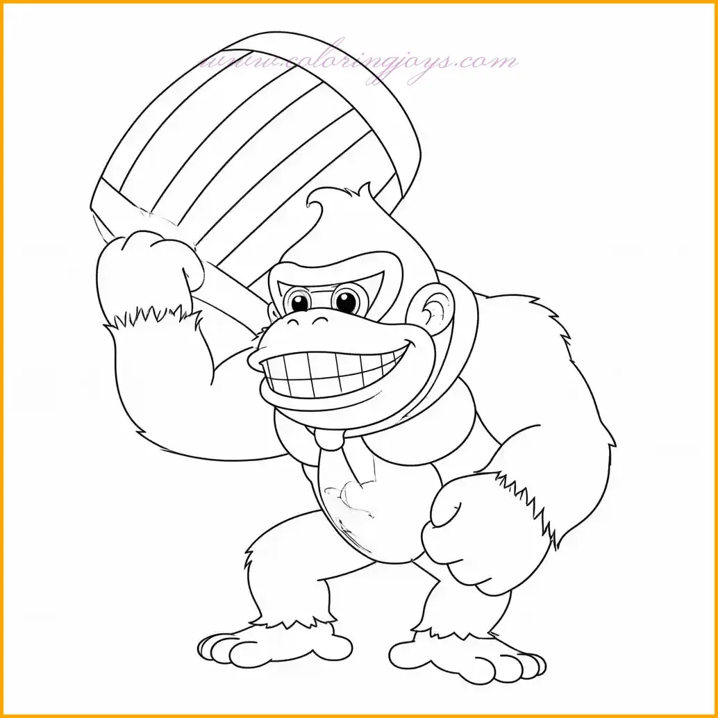 Donkey Kong, the beloved ape from the Super Mario series, is depicted here holding a barrel and flashing his signature grin. This dynamic coloring page invites creativity with his deep brown fur and a lighter beige for his chest and face. The barrel can be shaded in earthy browns, with metallic accents for the hoops. Add a jungle-inspired background with lush green leaves and vibrant tropical flowers to complete the scene. This illustration captures the adventurous spirit of Donkey Kong and is perfect for fans of all ages.