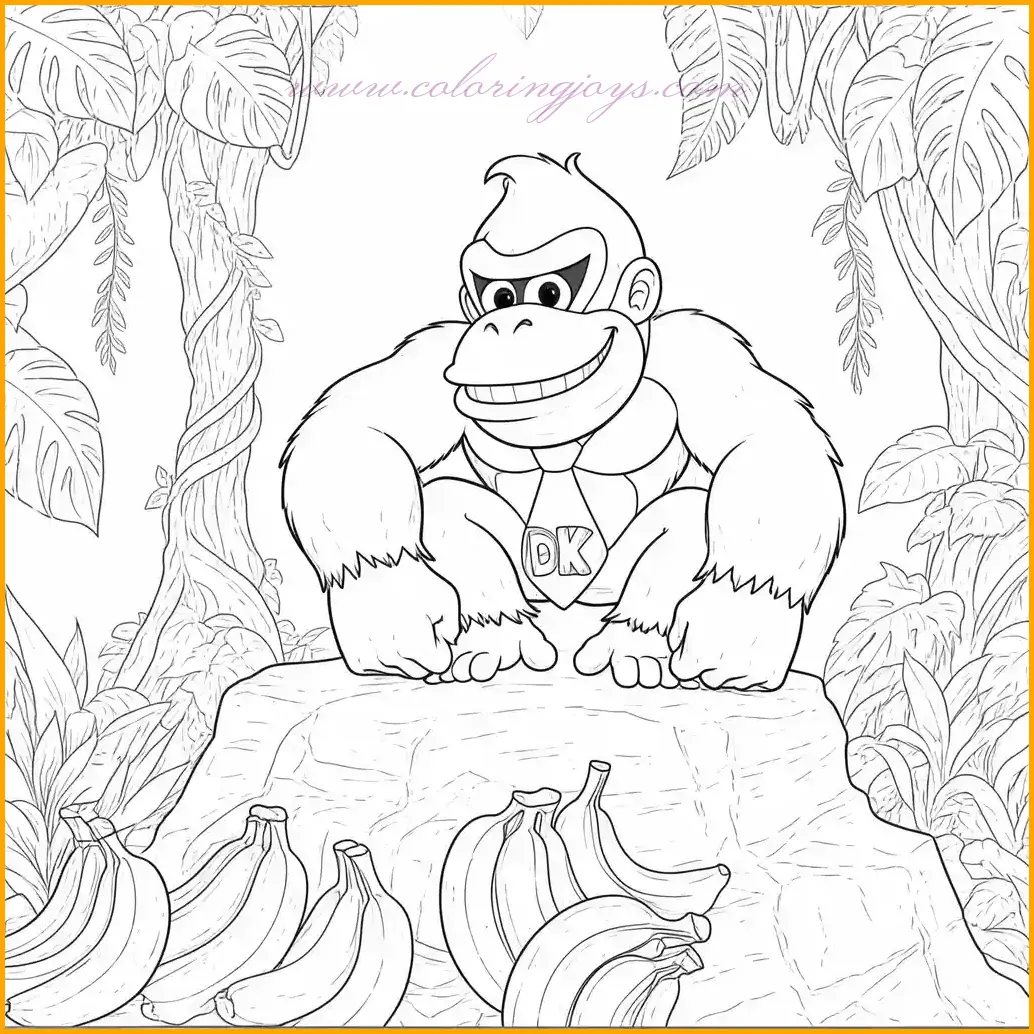 This charming image from the donkey kong coloring pages showcases Donkey Kong sitting comfortably on a rock, surrounded by bananas and vines. His relaxed pose reflects his connection to the jungle, making it a delightful scene to bring to life with colors. Use earthy browns for the rock and his fur, bright yellows for the bananas, and rich greens for the surrounding vines. The details in this illustration provide an opportunity to experiment with shading and textures, making the image both realistic and vibrant. These donkey kong coloring pages are perfect for fans who enjoy detailed and nature-inspired scenes.