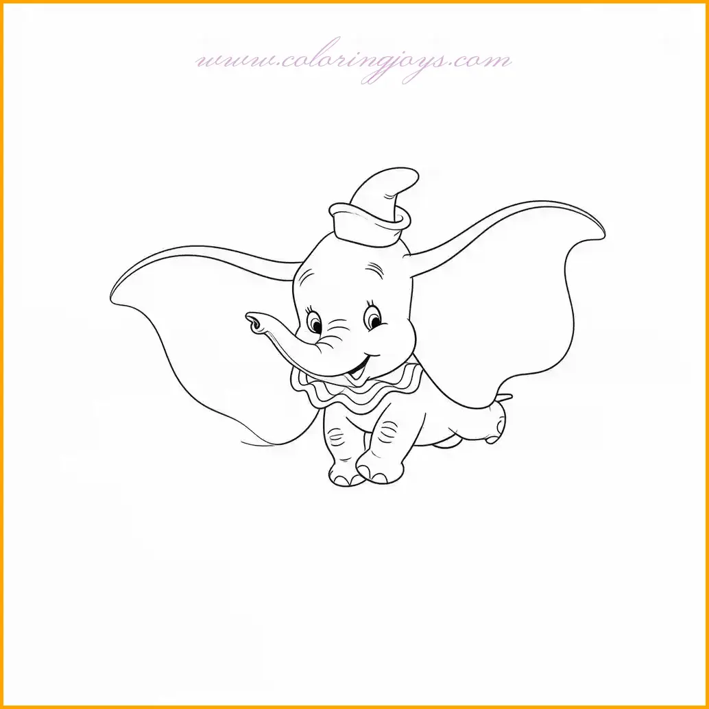 This adorable Disney coloring page features Dumbo, the lovable elephant, soaring through the sky with his enormous ears. His cheerful expression reflects his joy and determination. Dumbo’s small hat and ruffled collar add charming details that kids can color. Use soft grays for Dumbo’s body, pale pink for the inside of his ears, and a bright yellow for his hat. The ruffled collar can be a mix of blue and red, adding a vibrant touch. The background can be filled with soft clouds, giving kids an opportunity to shade with whites and blues. This page is perfect for sparking creativity and storytelling, as children imagine Dumbo’s magical adventures.
