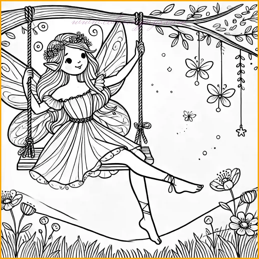 This magical coloring page depicts a joyful faerie enjoying a carefree moment on a swing hanging from a sturdy tree branch. Her delicate wings extend beautifully as she sways back and forth, a cheerful smile lighting up her face. The background features scattered flowers on a soft grassy ground and simple details of the tree branch, creating an enchanting yet minimalistic setting. The bold, clear lines and open spaces make this illustration ideal for children to color easily and creatively. Young artists can add their favorite colors to the faerie, the flowers, and the surrounding scene, bringing their imagination to life with vibrant hues and magical touches.