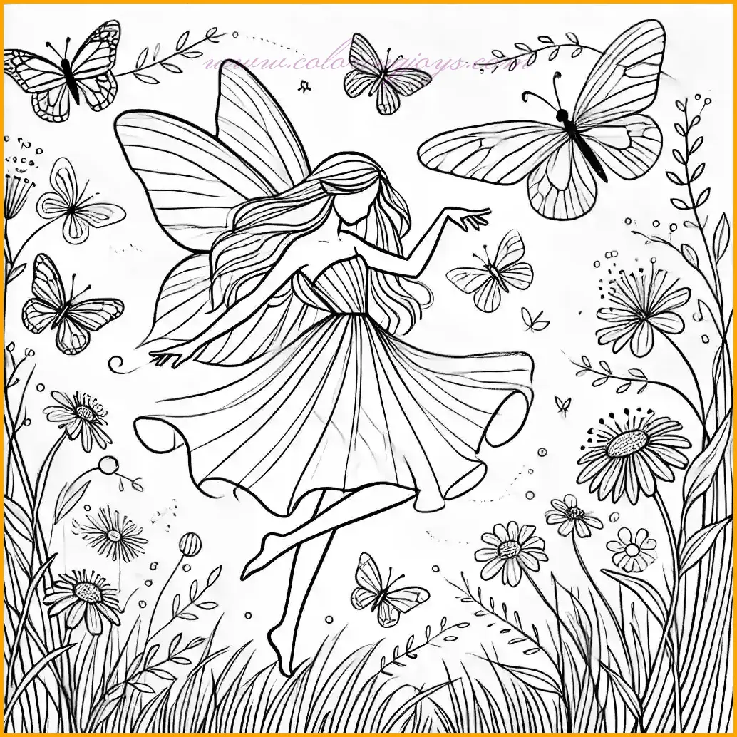 This delightful coloring page captures a faerie dancing joyfully in a magical meadow, her delicate wings fluttering gracefully as she twirls in a flowing dress. The scene is surrounded by gentle butterflies fluttering around her, adding an enchanting touch to the moment. The background is adorned with oversized flowers and tall grass, providing just enough detail to inspire creativity without overwhelming the design. The bold and clean lines make it easy for children to color, offering open spaces for them to use their imagination and bring the faerie's joyful dance to life with vibrant colors and artistic flair.