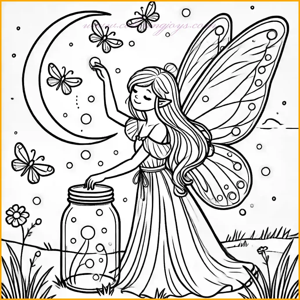 This delightful coloring page captures a faerie joyfully catching fireflies in a jar during twilight. The faerie’s delicate wings shimmer as she holds the jar, surrounded by a few glowing fireflies. The simple background includes soft grass and a crescent moon, leaving open spaces for children to add their own magical colors. The bold, clean lines make it perfect for young artists to explore their creativity while coloring.