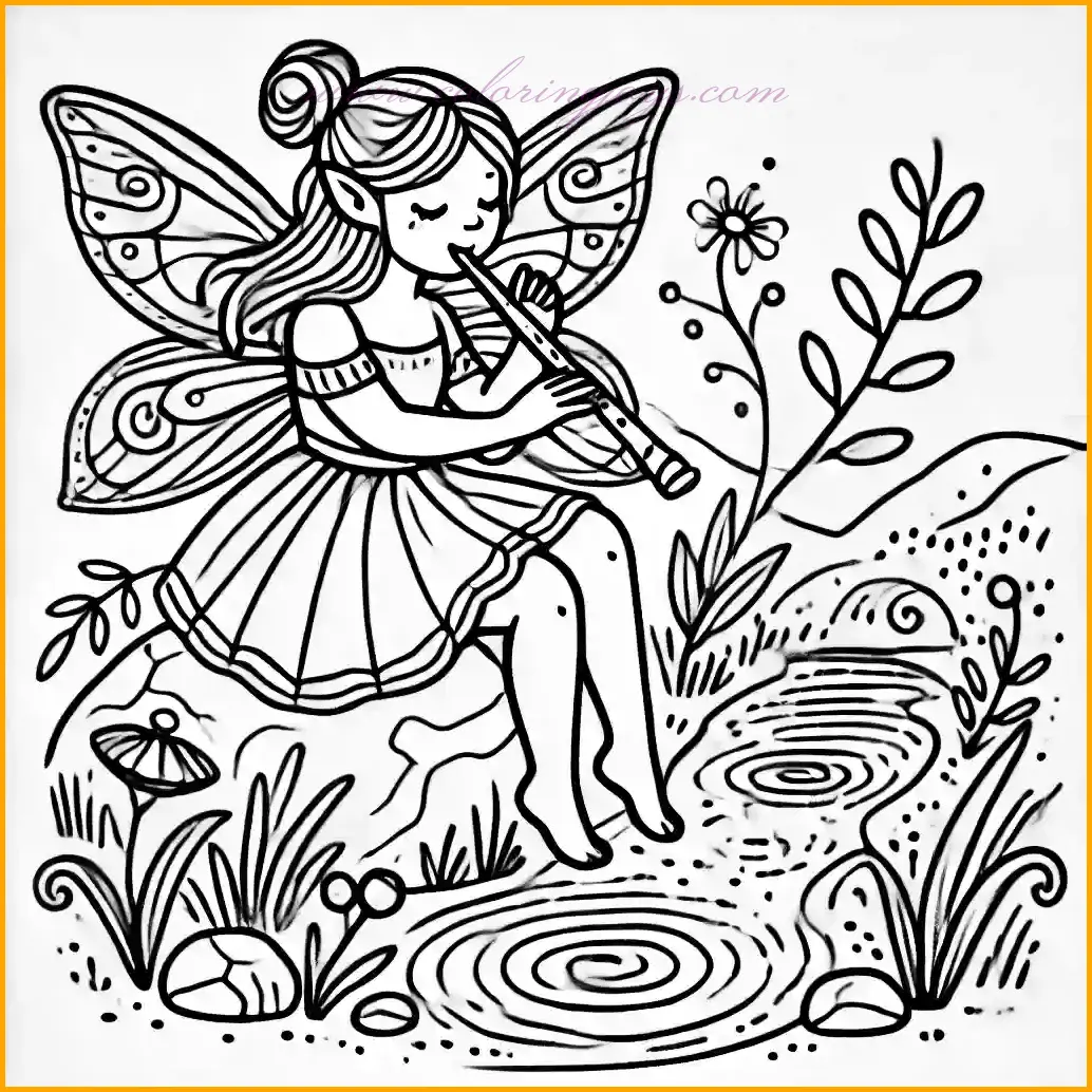 This charming coloring page features a joyful faerie sitting on a rock near a small stream, playing a flute. Her delicate wings add a touch of elegance as ripples dance in the water nearby. The background includes simple plants and a serene stream, designed with bold and clean lines for easy coloring. This enchanting scene invites children to add vibrant colors and bring the musical moment to life with their creativity.