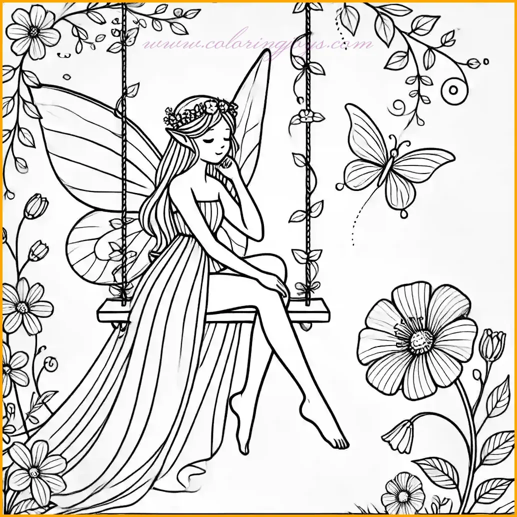 This charming coloring page features a serene faerie sitting gracefully on a swing made of a large flower, suspended by delicate vines. Her wings spread softly behind her as she enjoys a peaceful moment, dressed in a flowing gown with a content expression. A small butterfly flutters nearby, adding a touch of whimsy, while the simple background includes a few elegant leaves. The bold and clear lines make it perfect for children, offering plenty of open spaces to fill with their favorite colors. This magical scene invites young artists to let their imaginations soar as they bring it to life with vibrant hues.