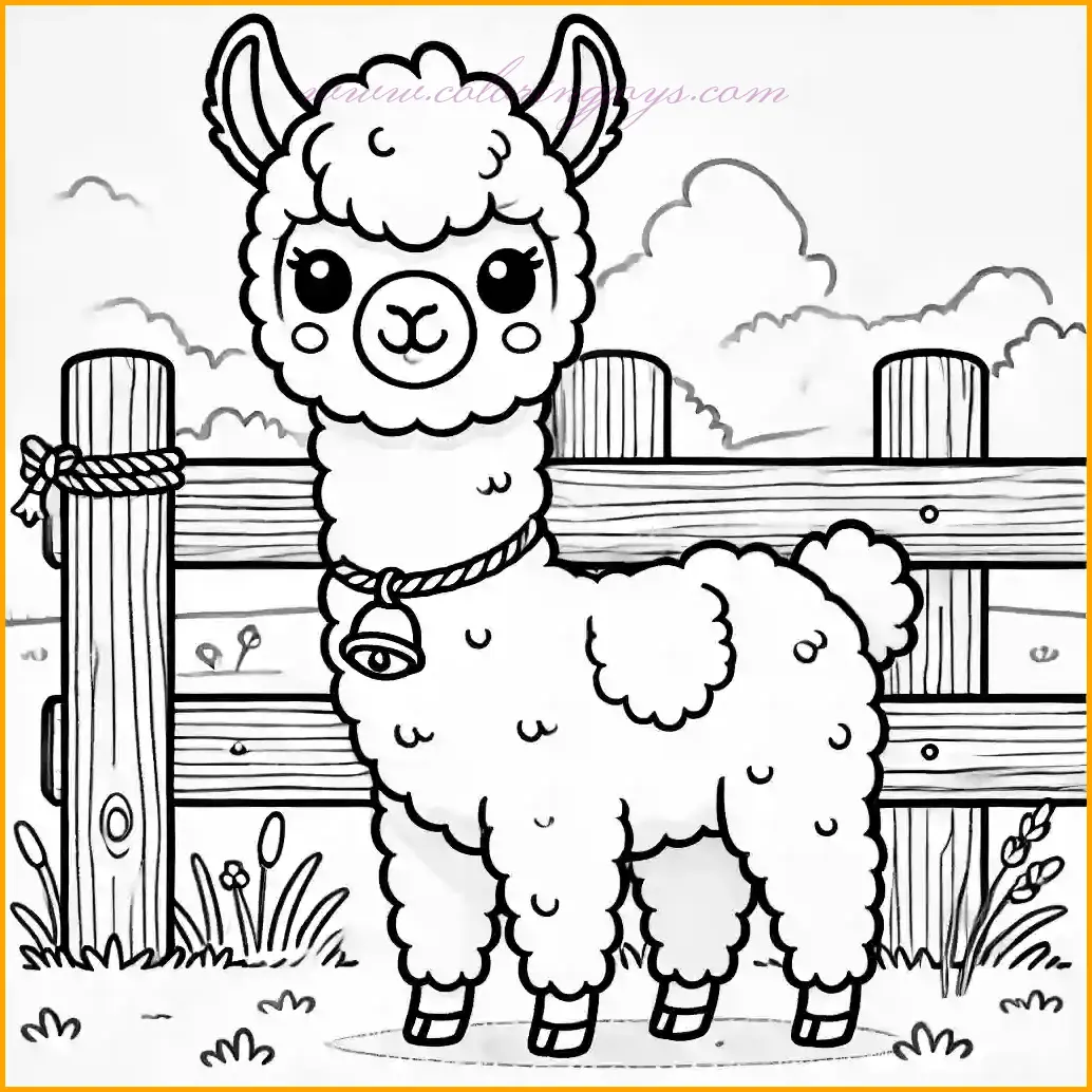 This delightful coloring page depicts a gentle llama standing in a peaceful farm setting. The llama wears a small bell around its neck, adding a charming detail to the scene. Behind the llama, a wooden fence and a few tufts of grass complete the cozy farm atmosphere. The drawing features bold and clear outlines, making it easy for kids to color. Children can use brown for the fence, green for the grass, and any creative colors for the llama and its bell. The open background allows for additional artistic touches, such as drawing more farm elements like a barn, a tractor, or other animals to enrich the scene.