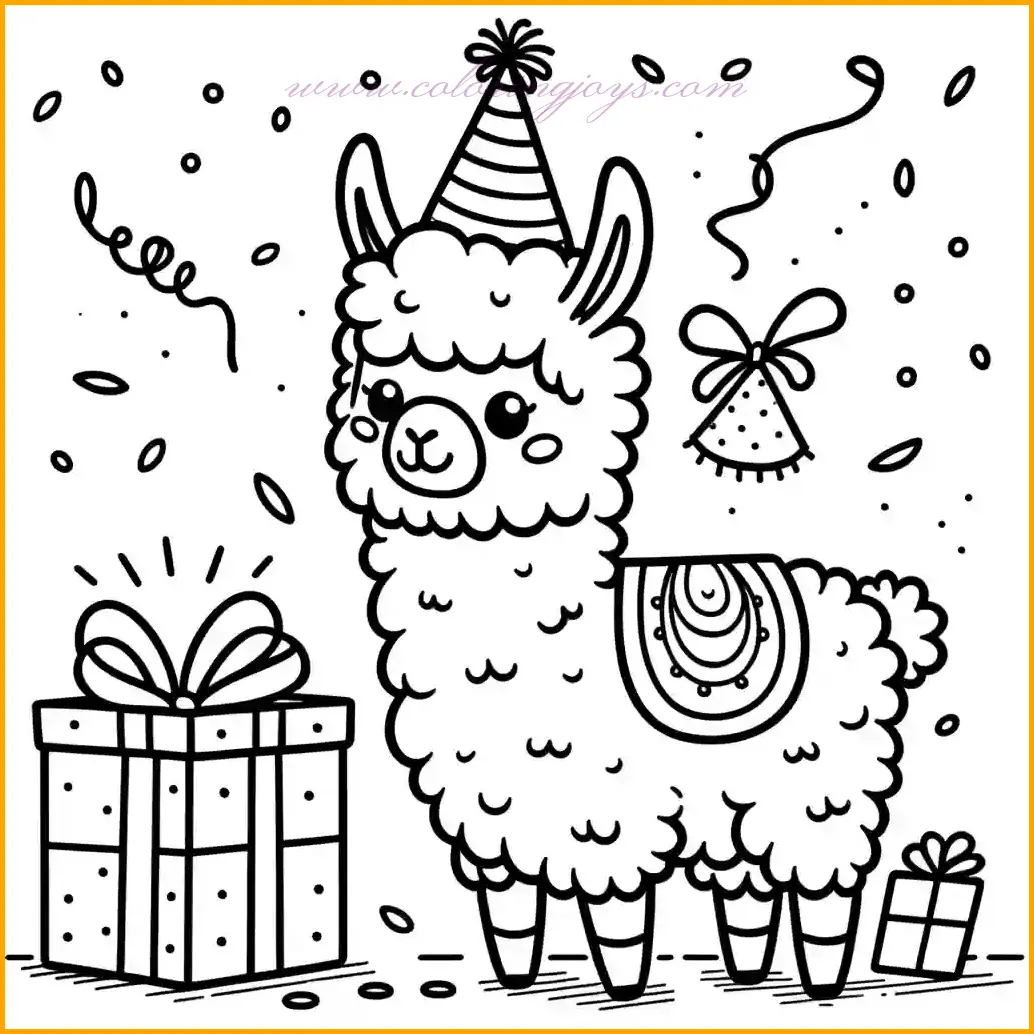 This fun coloring page features a cheerful llama wearing a festive party hat, standing next to a small present. The scene is enhanced with a few pieces of confetti scattered around, creating a lively and celebratory atmosphere. The bold and clean outlines make it easy for children to color and stay within the lines. Kids can use bright and festive colors for the hat and confetti, vibrant hues for the present, and natural or creative tones for the llama's fur. The open background provides room for kids to draw balloons, streamers, or other decorations to make the celebration even more exciting.