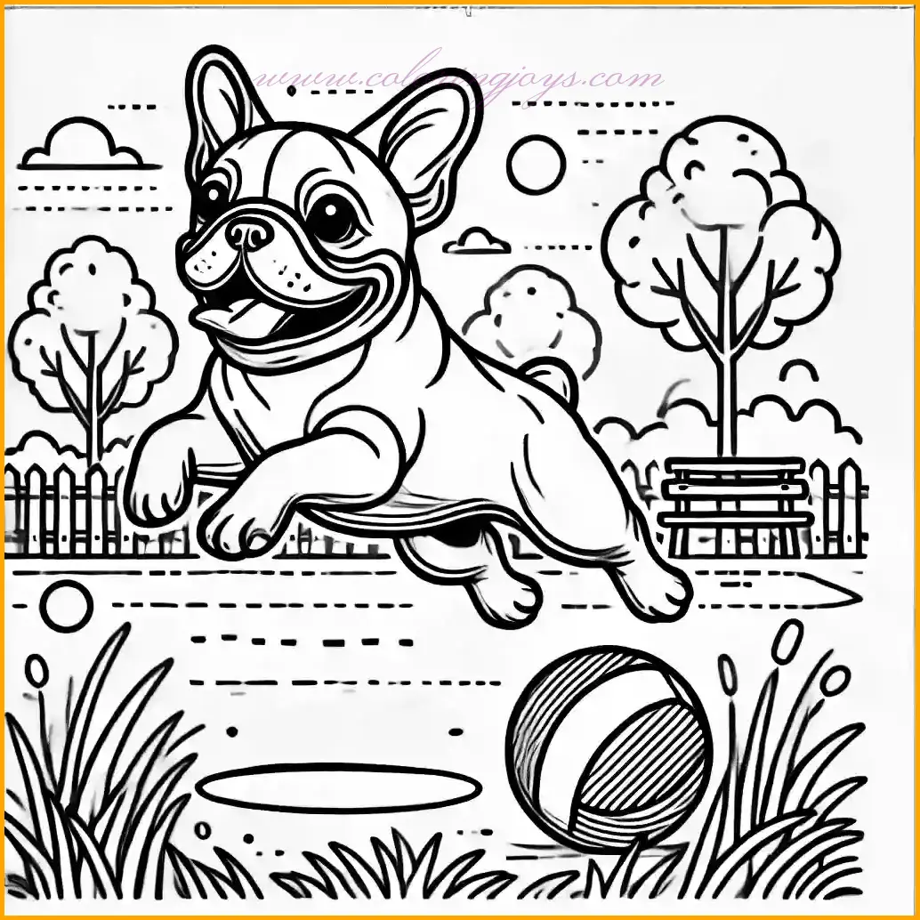 This coloring page showcases a French Bulldog jumping joyfully in an outdoor park. The dog has a playful expression with a wide smile, and is captured mid-air, exuding energy and excitement. Simple grass, a ball, and a few trees in the background complete the lively scene. Bold, clean outlines make the design easy to color, with large spaces to fill. Use bright greens for the grass, vibrant hues for the ball, and natural tones for the French Bulldog to bring this cheerful park setting to life.