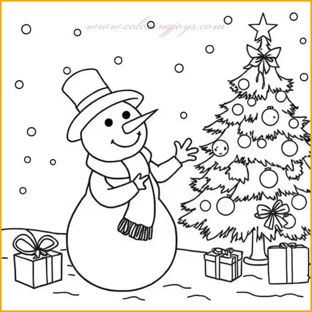 Frosty the Snowman is bringing Christmas cheer as he decorates a beautifully adorned tree. The tree is covered with ornaments, garlands, and a shining star at the top, while Frosty adds finishing touches with his charming smile. Start by coloring the tree in rich green tones and use bright reds, golds, and silvers for the ornaments. Frosty’s scarf and hat can be done in bold holiday colors like red and green. Add a snowy white ground and a serene blue background to complete the festive scene, making it a perfect addition to your holiday coloring collection.