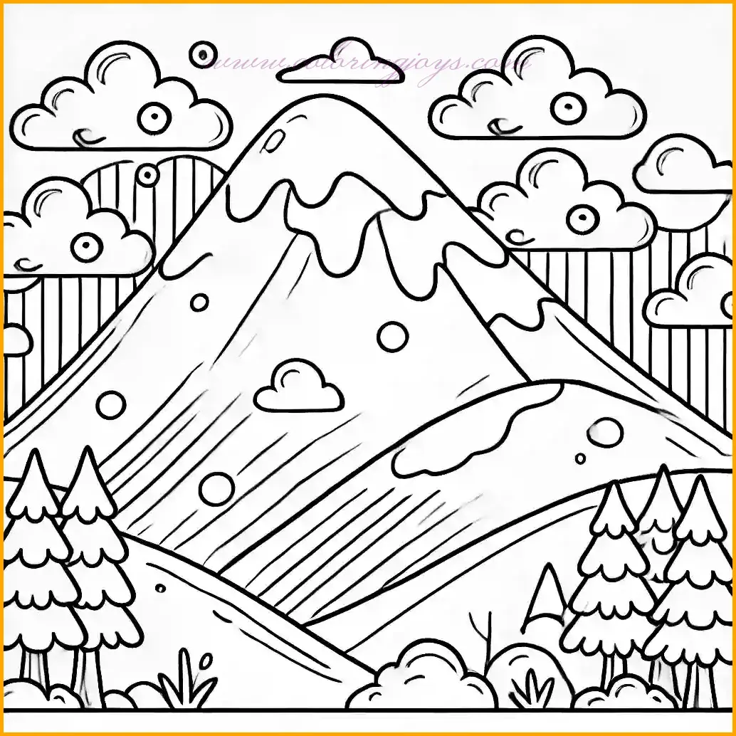 This coloring page presents a charming mountain with smooth, rounded slopes, surrounded by fluffy clouds in the sky and a few scattered pine trees at its base. Designed with bold, clean lines and large open spaces, these mountain pictures to color are perfect for kids. Children can enjoy filling the mountain with gray or brown tones, coloring the trees in green, and adding light blue or white shades to the clouds. This simple and accessible design offers a creative and fun way for young artists to explore coloring nature-inspired scenes.