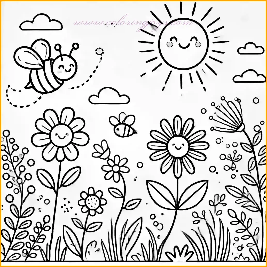 This lively garden coloring page features a cheerful bee buzzing near a blooming flower, with more blossoms and blades of grass in the scene. The background is brightened by a sunny sky and soft, scattered clouds, creating a joyful garden atmosphere. The illustration is drawn in a cartoon style with bold, simple lines and large open spaces, making it perfect for young children to color. Suggest using yellow and black for the bee, vibrant shades for the flowers, and a soft blue for the sky to bring this fun garden scene to life!