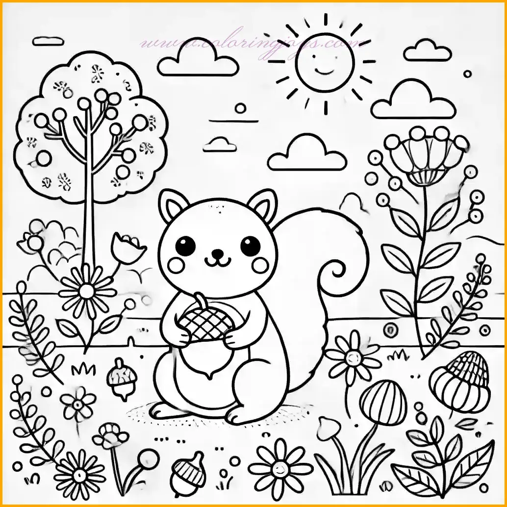 This adorable garden coloring page features a playful squirrel happily holding an acorn, surrounded by simple patches of grass and blooming flowers. In the background, a small tree and a bright, sunny sky with fluffy clouds complete the cheerful garden scene. The illustration is drawn in a cartoon style with bold, clear lines and large open spaces, making it ideal for young children to color. Encourage using warm browns for the squirrel, green for the grass, and colorful tones for the flowers to bring this delightful scene to life!
