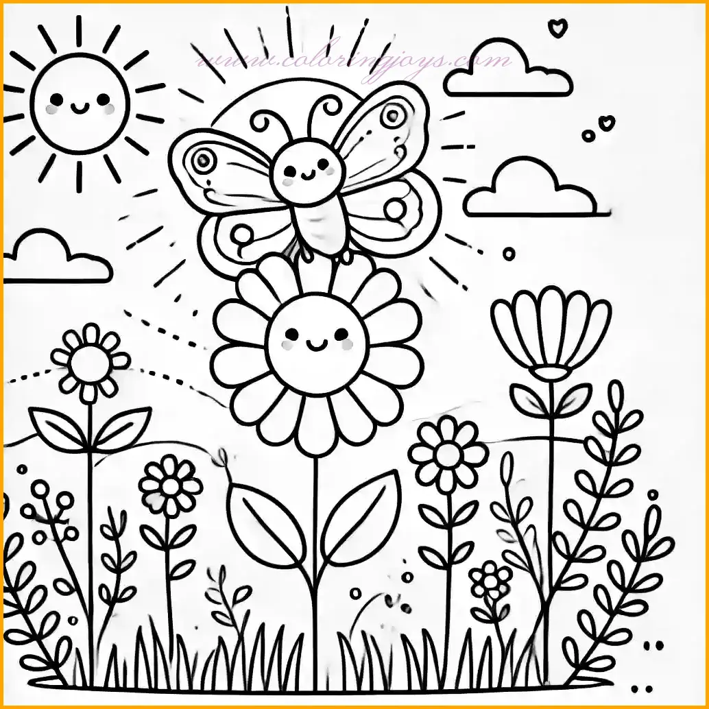 This delightful garden coloring page features a cheerful butterfly resting on a large flower, surrounded by simple grass and a few additional blossoms. The scene is brightened by a sunny sky with soft rays and a couple of fluffy clouds, creating a peaceful garden atmosphere. The cartoon-style design is drawn with bold, clear lines and spacious areas, perfect for children to color. Suggest using vibrant colors for the butterfly, bright hues for the flowers, and soft tones for the sky to bring this joyful scene to life!