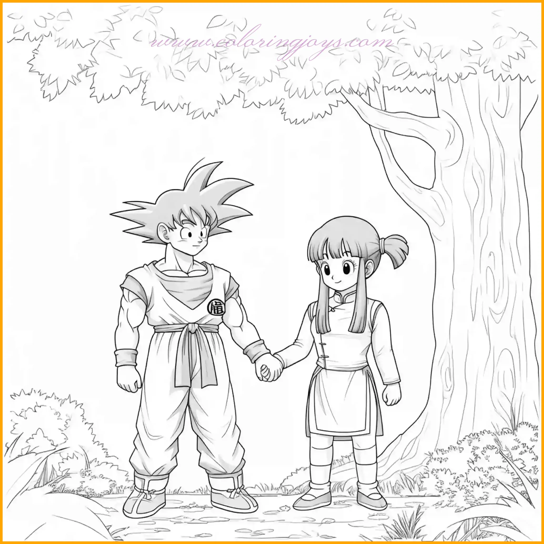 This Goku coloring page depicts a peaceful moment where Goku and Chi-Chi are holding hands under a shady tree. Their expressions show love and harmony, perfect for fans of Dragon Ball to bring this heartwarming scene to life. Color Goku’s traditional orange and blue outfit and Chi-Chi’s detailed traditional attire with bold, vibrant hues. Add shades of green to the tree’s leaves and light brown for its trunk. The grass can be a lively green, and the sky can feature a gradient of soft blue and white clouds. This coloring page is ideal for creating a serene and emotional art piece showcasing Goku's gentler side.