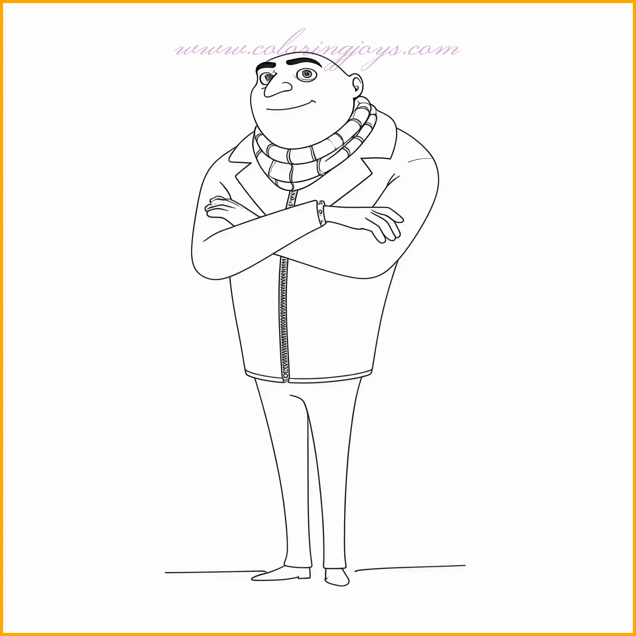 Gru strikes a confident pose in this engaging coloring page, standing tall with his arms crossed. His classic villainous attire can be shaded in deep blacks and grays, with his scarf adding texture through light and dark gray stripes. The background can be a bold, solid color such as dark blue or purple to make Gru’s silhouette pop, or you can add a detailed lair setting with gadgets and shadows for a more immersive scene. This page offers a great opportunity to emphasize Gru’s personality and create a striking, focused composition.