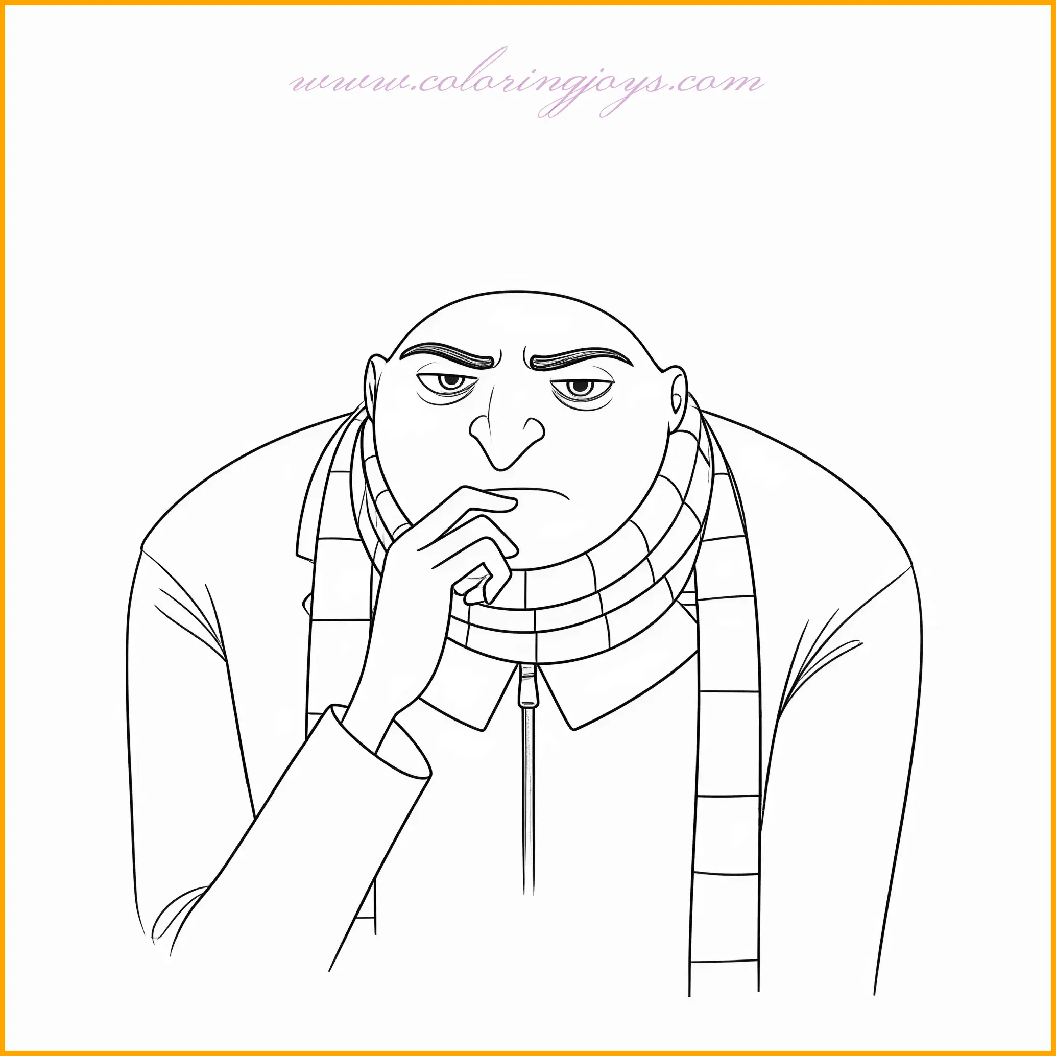 This coloring page presents Gru deep in thought, capturing a rare and reflective moment of the beloved character. His black and gray suit offers a great opportunity for shading and blending, while his striped scarf can be highlighted with alternating light and dark gray tones. The background can feature a soft gradient of blues and greens, creating a serene atmosphere to complement his expression. Add subtle props like a desk or blueprints in muted colors to enhance the thoughtful mood of the scene. This page encourages attention to detail, making it a perfect project for coloring enthusiasts who enjoy bringing depth and emotion to their work.