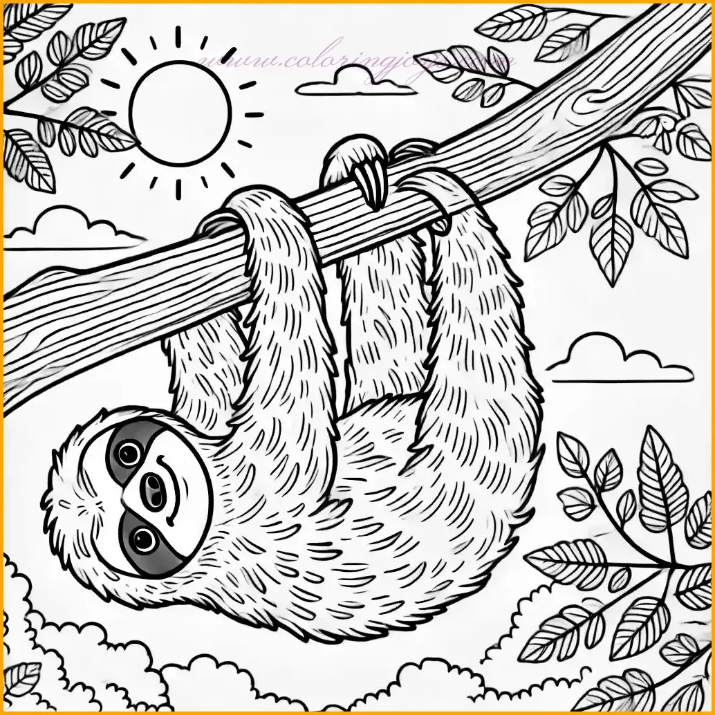 This delightful addition to sloths coloring pages showcases a sloth hanging upside down from a tree branch. The sloth is drawn with bold, clean outlines, creating large open spaces perfect for coloring. The tree branch features a few leaves, while the background includes a simple sun and soft clouds, adding to the natural charm. This design emphasizes simplicity and creativity, making it a fun and engaging activity for all who love sloths and coloring.