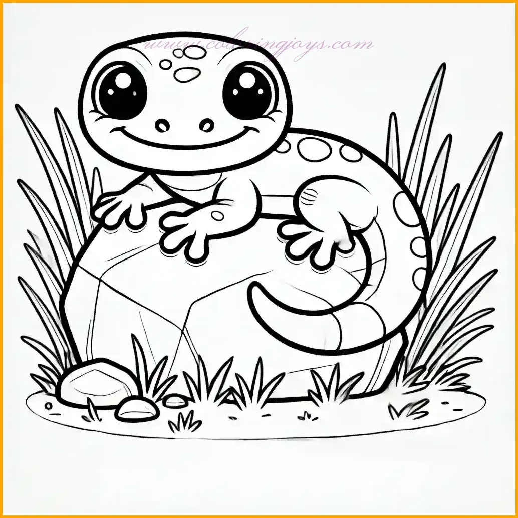 This delightful coloring page features an adorable gecko lying peacefully on a simple rock, exuding a cheerful and relaxed vibe. With its large, friendly eyes and a gently curved tail, the gecko is perfect for young artists to color. A few blades of grass around the rock add a touch of nature while keeping the design minimal and clean. Thick, bold outlines and spacious sections ensure that this coloring page is easy and enjoyable for kids to complete, sparking their creativity with a cute and approachable subject.
