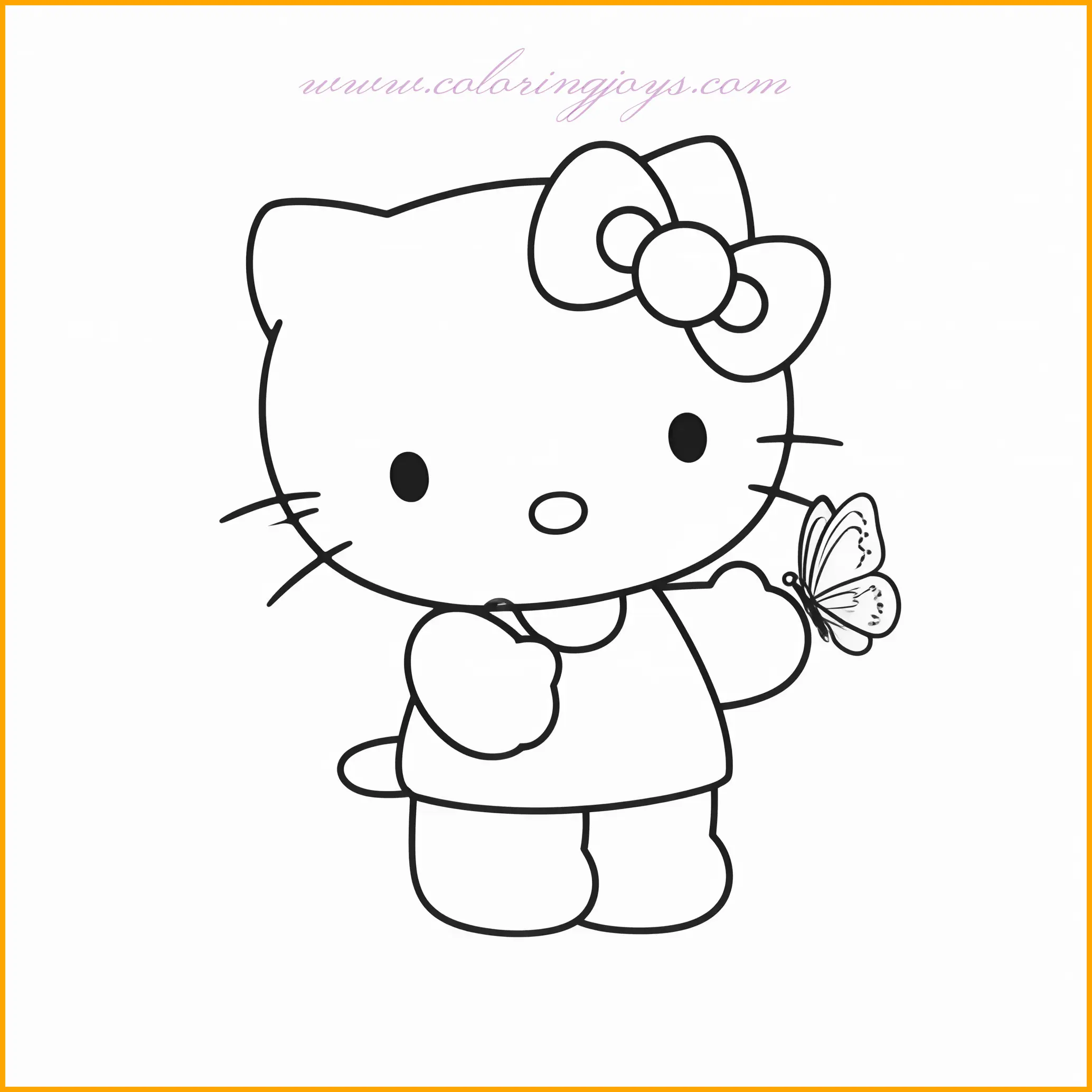 This delightful page captures Hello Kitty in a playful pose, gently holding a butterfly in her hand. The butterfly’s intricate wings provide a beautiful opportunity for detailed coloring with bright yellows, oranges, or purples. Use soft tones for Hello Kitty’s outfit and add greenery or flowers in the background to complete the scene. A perfect option for hello kitty characters coloring pages focused on nature and playfulness.